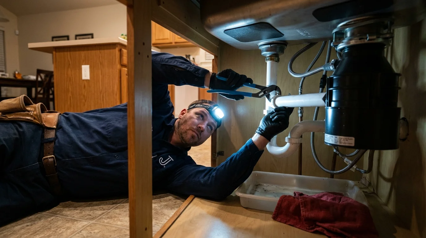 P-trap and supply line connections under a kitchen sink showing a common leak point in Auburn, CA